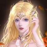  1girl bare_shoulders blonde_hair blue_eyes blurry_eyes dark_background douluo_dalu expressionless hair_ornament hand_in_own_hair long_hair looking_at_viewer qian_renxue_(douluo_dalu) qian_renxue_zhuye solo upper_body 