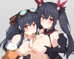  2girls armor bangs bare_shoulders between_breasts black_gloves black_hair blush breasts brown_jacket censored cleavage elbow_gloves eyebrows_visible_through_hair fellatio four_goddesses_online:_cyber_dimension_neptune gloves goggles goggles_on_head grey_background hair_ornament highres jacket large_breasts long_hair long_sleeves looking_at_viewer mosaic_censoring multiple_girls neptune_(series) nipples noire_(neptune_series) oral paizuri penis red_eyes simple_background smile toyo_(c8) twintails uni_(neptune_series) 