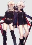  2girls absurdres artoria_pendragon_(fate) belt black_dress blonde_hair boots breasts brown_eyes cleavage dress excalibur_morgan_(fate) fate/grand_order fate_(series) fur_trim highres holding holding_sword holding_weapon jacket jeanne_d&#039;arc_alter_(fate) jeanne_d&#039;arc_alter_(ver._shinjuku_1999)_(fate) jewelry looking_at_viewer multiple_girls nakanishi_tatsuya necklace saber_alter saber_alter_(ver._shinjuku_1999)_(fate) short_hair shorts smile sword tank_top thigh_boots thighhighs weapon white_hair 
