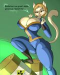  absurd_res anthro arttukorppu bethesda_softworks big_breasts biped blonde_hair breasts brown_eyes cleavage clothed clothing domestic_cat fallout felid feline felis female fur hair hi_res jumpsuit lips mammal navel nipple_outline radiation_symbol smile solo standing symbol tan_body tan_fur teeth thick_thighs unzipped video_games 