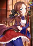  1girl bangs bird black_bow blue_eyes blue_gloves blue_legwear blush bow breasts brown_dress brown_hair closed_mouth dress elbow_gloves fate/grand_order fate_(series) forehead gauntlets gloves hair_bow highres holding holding_staff leonardo_da_vinci_(fate) leonardo_da_vinci_(rider)_(fate) long_hair looking_at_viewer m-da_s-tarou pantyhose parted_bangs ponytail puff_and_slash_sleeves puffy_short_sleeves puffy_sleeves red_skirt robot_animal short_sleeves single_gauntlet skirt small_breasts smile staff thighs 