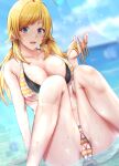  1girl absurdres ahoge bad_id bad_twitter_id bikini blonde_hair blue_eyes blue_sky breasts cleavage cloud collarbone day eyebrows_visible_through_hair hachimiya_meguru highres idolmaster idolmaster_shiny_colors large_breasts layered_bikini long_hair looking_at_viewer low_twintails ocean open_mouth outdoors shohei_(piranha5hk) sitting sky smile solo swimsuit twintails water wet yellow_bikini 