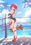  1girl absurdres bangs black_swimsuit breasts competition_swimsuit covered_collarbone headpiece highres large_breasts okazakileo one-piece_swimsuit pyra_(pro_swimmer)_(xenoblade) pyra_(xenoblade) red_eyes red_hair red_swimsuit ribbed_swimsuit roller_skates short_hair skates solo striped striped_swimsuit swept_bangs swimsuit tiara two-tone_swimsuit vertical-striped_swimsuit vertical_stripes xenoblade_chronicles_(series) xenoblade_chronicles_2 