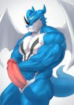  animal_genitalia bandai_namco blue_body blue_skin digimon digimon_(species) exveemon facial_horn genital_slit genitals hi_res horn male muscular muscular_male nipples nose_horn penis red_eyes rsotart slit solo taur vein veiny_penis white_body white_skin white_wings wings 