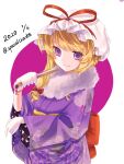  1girl bangs blonde_hair bow bracelet closed_fan closed_mouth commentary dated eyebrows_visible_through_hair folding_fan fur-trimmed_kimono fur_trim gloves hair_bow hand_fan hat hat_ribbon highres holding holding_fan japanese_clothes jewelry kimono long_hair long_sleeves looking_at_viewer mob_cap numujika purple_eyes purple_kimono red_bow red_ribbon ribbon simple_background smile solo touhou twitter_username upper_body white_gloves white_headwear wide_sleeves yakumo_yukari 