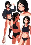  1girl :/ abs absurdres amputee black_eyes black_hair blush collarbone frown full_body highres jacket kms2605 looking_at_viewer looking_back medium_hair mole mole_under_eye multiple_views original simple_background sports_bra sportswear toned white_background 