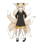  1girl absurdres animal_ears anya_(spy_x_family) anya_(spy_x_family)_(cosplay) arknights bangs black_dress black_footwear blonde_hair commentary cosplay dress english_commentary eyebrows_visible_through_hair fia_(mcstacygoldie) fox_ears fox_tail full_body hair_cones hair_ornament hair_rings hands_up highres long_sleeves looking_at_viewer mary_janes shoes short_dress short_hair simple_background smile solo spy_x_family standing suzuran_(arknights) tail thighhighs white_background white_legwear yellow_eyes 