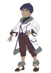  1boy alternate_costume bright_pupils brown_pants buttons capri_pants closed_mouth coat commentary_request dark-skinned_male dark_skin full_body fur_trim hand_on_hip highres hop_(pokemon) komame_(st_beans) long_sleeves male_focus pants pokemon pokemon_(game) pokemon_swsh purple_hair shirt shoes short_hair simple_background smile solo standing white_background white_coat white_pupils yellow_eyes 