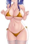  1girl :3 absurdres asamura_hiori azur_lane bangs bikini blue_hair breasts cleavage closed_mouth collarbone commentary_request eyebrows_visible_through_hair head_out_of_frame highres long_hair looking_at_viewer micro_bikini navel official_alternate_costume pola_(azur_lane) pola_(seaside_coincidence)_(azur_lane) simple_background smile solo standing swimsuit thighhighs twintails white_background white_legwear yellow_bikini 