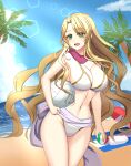  1girl :d beach bikini blonde_hair blue_sky breasts cleavage commission day fire_emblem fire_emblem:_the_binding_blade fire_emblem_heroes green_eyes highres large_breasts long_hair navel ocean open_mouth purple_scarf saint_elimine_(fire_emblem) sand scarf shira_yu_ki skeb_commission sky smile solo swimsuit very_long_hair white_background white_bikini 