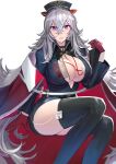  1girl absurdres azur_lane breasts cleavage cleavage_cutout cloak clothing_cutout collared_shirt eyebrows_visible_through_hair gloves graf_zeppelin_(azur_lane) hair_between_eyes hat highres kaki_z3 large_breasts long_hair looking_at_viewer pencil_skirt plunging_neckline red_eyes red_gloves shirt simple_background skirt solo syringe thighhighs thighs very_long_hair white_background white_hair 