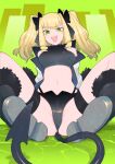  +_+ 1girl :d ass bangs bare_shoulders black_halter_top black_panties black_shorts blonde_hair boots bow character_request crop_top crosshair_pupils demon_tail drill_hair giant giant_ojou-sama giantess green_eyes hair_bow halterneck highleg highleg_panties highres jacket looking_at_viewer medium_hair micro_shorts midriff navel nikukaiq open_clothes open_jacket panties panties_under_shorts reclining shorts sitting smile solo spread_legs tail thigh_strap thighs two_side_up underwear 