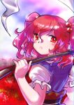  1girl :o blade facing_viewer flower highres holding holding_weapon onozuka_komachi open_mouth polearm red_eyes red_hair scythe short_twintails spider_lily touhou twintails weapon yumemizawazawa 