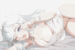  1girl armpit_peek bangs bare_shoulders blue_eyes bottomless breasts cleavage commentary_request crotch highres light_blush long_hair lying medium_breasts messy_hair on_side one_eye_closed open_mouth rwby solo strap_slip tank_top tearing_up thighs waking_up wangxiii weiss_schnee white_hair white_tank_top yawning 