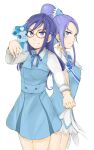  2girls absurdres blue_dress blue_eyes blue_hair breasts brooch choker collared_shirt cowboy_shot crystal_earrings cure_diamond dokidoki!_precure dress dual_persona earrings forehead glasses hair_ornament half_updo heart_brooch highres hishikawa_rikka jewelry koiwai_no_ekitai long_hair long_sleeves looking_at_viewer magical_girl multiple_girls pinafore_dress ponytail precure puffy_sleeves rakeru_(dokidoki!_precure) red-framed_eyewear shirt simple_background small_breasts smile tiara white_background white_shirt yellow_choker 