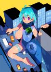  1girl absurdres ahoge aqua_hair breasts commentary eyebrows_visible_through_hair feet giant giantess highres large_breasts looking_at_viewer monster_girl nikukaiq nipples original parted_lips purple_eyes short_hair slime_girl solo thigh_strap thighs 