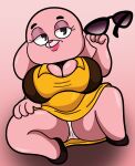  2022 aged_down anthro big_breasts breasts cartoon_network cleavage clothed clothing curvy_figure digital_media_(artwork) dot_eyes dress eyelashes eyeshadow eyewear female fingers fur granny_jojo hi_res huge_breasts joanna_watterson lagomorph leporid long_ears looking_at_viewer lying makeup mammal mature_anthro mature_female on_back panties panty_shot pink_background pink_body pink_fur rabbit simple_background simple_eyes solo someth1ngoranother sunglasses the_amazing_world_of_gumball thick_thighs underwear voluptuous wide_hips 