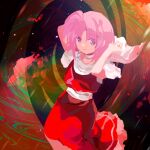  1girl abstract_background arms_behind_head cape choker closed_mouth commentary_request floating_cape frilled_skirt frills happy kaigen_1025 looking_at_viewer multicolored_background pink_eyes pink_hair red_shirt red_skirt sara_(touhou) sash shirt short_hair short_sleeves skirt smile solo touhou touhou_(pc-98) white_cape white_choker white_sash white_sleeves 