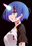  1girl bangs black_background black_sleeves blood blood_on_clothes blood_on_face blue_eyes blue_hair blunt_bangs borrowed_garments from_side hair_ornament highres horns looking_at_viewer open_mouth ram_(re:zero) re:zero_kara_hajimeru_isekai_seikatsu shirt short_hair short_sleeves simple_background single_horn solo upper_body white_shirt x_hair_ornament yasehattagi 