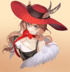  1girl animal_ears arknights bangs bare_shoulders black_dress blue_eyes breasts brown_hair cat_ears choker cleavage commentary_request cropped_torso dress ears_through_headwear feather_boa fengyin_shici_guozi heidi_(arknights) highres large_breasts long_hair looking_at_viewer red_choker red_headwear smile solo upper_body yellow_background 