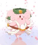  ;d belt blissey blush brown_belt brown_eyes commentary_request dated egg falling_petals full_body highres no_humans one_eye_closed open_mouth petals pokemon pokemon_(creature) ripples signature smile solo tongue wreath zeruma 