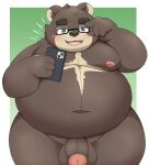  2022 anthro balls belly big_belly black_nose blush brown_body cellphone eyewear flaccid genitals glasses hi_res humanoid_genitalia humanoid_hands humanoid_penis kemono kusosensei male mammal moobs navel nipples overweight overweight_male penis phone simple_background smartphone solo ursid 