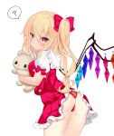  1girl ? animal_ears arms_up ascot ass bangs bear_ears black_eyes blonde_hair blush bow breasts closed_mouth collared_shirt commentary_request crystal eyebrows_visible_through_hair eyelashes eyes_visible_through_hair flandre_scarlet frills hair_between_eyes hair_bow hand_up hands_up hug jewelry looking_at_viewer looking_to_the_side medium_breasts multicolored_wings no_hat no_headwear one_side_up panties pink_bow pink_eyes pink_skirt pink_vest puffy_short_sleeves puffy_sleeves red_panties shirt short_hair short_sleeves simple_background skirt solo speech_bubble standing stuffed_animal stuffed_toy teddy_bear tosakaoil touhou underwear vest white_background white_shirt wings yellow_ascot 