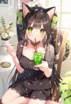  1girl animal_ears bangs bell black_hair blunt_bangs blush bow breasts cat_ears choker cleavage collarbone commentary_request drinking_straw eyebrows_visible_through_hair floral_print food green_bow green_eyes hair_bow highres ice_cream jingle_bell lace lace_choker mole mole_under_mouth momoshiki_tsubaki original see-through shaved_ice sidelocks slit_pupils solo twintails 