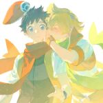  2boys alannoran barry_(pokemon) beret black_hair black_vest blonde_hair blurry blush closed_eyes closed_mouth commentary_request green_scarf grey_eyes hat hat_removed headwear_removed highres jacket kiss kissing_hand lucas_(pokemon) male_focus multiple_boys orange_headwear orange_scarf poke_ball_print pokemon pokemon_(game) pokemon_dppt poketch scarf shirt short_hair short_sleeves striped striped_jacket vest watch white_shirt wristwatch yaoi 