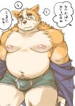  2022 anthro belly big_belly bulge canid canine canis clothing domestic_dog ellie_saionji eyewear glasses hi_res japanese_text kemono male mammal moobs nipples overweight overweight_male solo text underwear undressing 