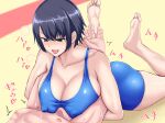  1boy 1girl blue_hair blush breast_smother breasts commentary_request covered_nipples face_to_breasts feet femdom large_breasts mixed-sex_combat original short_hair tetsunohiji v-shaped_eyebrows wrestling wrestling_outfit wrestling_singlet 