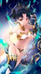  1girl absurdres armlet bangs bare_shoulders black_hair black_ribbon breasts chankuro cleavage earrings fate/grand_order fate_(series) highres ishtar_(fate) jewelry looking_at_viewer medium_breasts navel red_eyes revealing_clothes ribbon single_thighhigh solo thighhighs thighs 