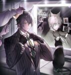  1boy 1other animal_ears arknights bishounen black_cat black_gloves black_hair cat cat_boy cat_ears comb dressing_room formal gloves highres male_focus mirror necktie phantom_(arknights) photo_(object) pienahenggou ribbon sitting solo_focus suit upper_body 