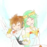  1boy 1girl angel armband bare_shoulders collarbone fluora forehead_jewel goddess green_hair hair_ornament hand_on_headphones happy headphones holding_hands interlocked_fingers jewelry kid_icarus kid_icarus_uprising lowres palutena pit_(kid_icarus) smile teeth white_wings wings 