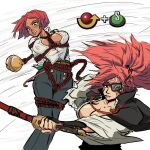  2girls amputee arms_behind_back baiken bell blush bound bound_arms bound_legs breast_bondage breasts cleavage covered_nipples dark-skinned_female dark_skin english_commentary eyepatch facial_tattoo gameplay_mechanics giovanna_(guilty_gear) guilty_gear guilty_gear_strive highres holding holding_sword holding_weapon jingle_bell katana large_breasts long_hair multiple_girls no_bra nose_blush one-eyed partially_unbuttoned pink_hair red_hair red_rope rope scar scar_across_eye shibari shibari_over_clothes spicymancer sword tattoo weapon yuri 