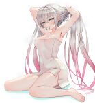  1girl absurdres alternate_costume armpits bangs bare_shoulders barefoot blush breasts cleavage closed_mouth collarbone eyebrows_visible_through_hair girls&#039;_frontline grey_hair hands_in_hair highres lemures light_blue_eyes lips long_hair looking_at_viewer lwmmg_(girls&#039;_frontline) medium_breasts mod3_(girls&#039;_frontline) mouth_hold multicolored_hair naked_towel on_floor pink_hair smile solo thighs towel two-tone_hair white_background 