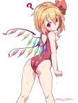  1girl ? ahoge ass bad_id bad_twitter_id blonde_hair blush breasts crystal eyebrows_visible_through_hair flandre_scarlet from_behind hair_ribbon inactive_account looking_at_viewer looking_back one-piece_swimsuit red_eyes red_ribbon ribbon short_hair simple_background solo sushoyushi sweat swimsuit thighs touhou twitter_username wet white_background wings 