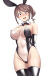  1girl :d animal_ears arms_behind_back ass_visible_through_thighs bangs bare_shoulders black_bow black_bowtie black_legwear blush bow bowtie breasts brown_hair cleavage covered_navel cowboy_shot detached_collar embarrassed fake_animal_ears fake_tail hairband highres idolmaster idolmaster_cinderella_girls large_breasts leotard looking_at_viewer mifune_miyu nose_blush open_mouth pataneet playboy_bunny rabbit_ears ringed_eyes see-through side_ponytail sidelocks simple_background smile solo strapless strapless_leotard sweatdrop tail thigh_gap translucent_bunnysuit white_background wide-eyed 