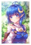  1girl blue_eyes blue_hair breasts cape crescent crescent_hair_ornament hair_ornament highres looking_at_viewer pointy_ears red_cape rena_lanford shirobyu_y short_hair smile solo star_ocean star_ocean_the_second_story tree 