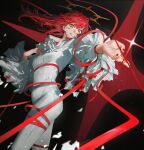  1girl absurdres artist_name black_background blood blood_on_clothes blue_eyes bodysuit breasts clenched_teeth halo highres long_hair looking_at_viewer medium_breasts multicolored_eyes original outstretched_arm reaching_out red_hair red_nails red_ribbon ribbon smile solo teeth wangan white_bodysuit yellow_eyes 