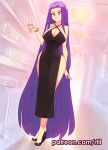  1girl alternate_costume bare_arms bare_shoulders black_footwear blush breasts commentary covered_navel cup dress drinking_glass fate/stay_night fate_(series) full_body high_heels highres holding holding_cup indoors large_breasts long_hair looking_at_viewer medusa_(fate) medusa_(rider)_(fate) parted_lips purple_eyes purple_hair rtil shoes side_slit sleeveless sleeveless_dress smile solo very_long_hair 