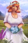  absurd_res ardail big_breasts bodily_fluids bovid bovine breasts brown_eyes cattle cleavage clothed clothing dress flower flower_crown grass hair hi_res horn jewelry mammal marion_(changeling_tale) mountain necklace orange_hair plant solo tears valley wedding wedding_dress 