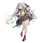  1girl arm_up black_skirt breasts brown_footwear detached_collar gradient_hair granblue_fantasy green_eyes hair_between_eyes hair_ornament large_breasts long_hair minaba_hideo multicolored_hair official_art open_mouth pouch rainbow_hair red_legwear shirt simple_background skirt socks solo standing teeth transparent_background twintails upper_teeth 