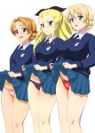  3girls absurdres assam_(girls_und_panzer) black_panties blonde_hair blue_eyes blue_skirt blush bow braid breasts closed_mouth clothes_lift darjeeling_(girls_und_panzer) emblem eyebrows_visible_through_hair french_braid girls_und_panzer hair_bow hair_ribbon highres large_breasts lifted_by_self miniskirt multiple_girls necktie open_mouth orange_hair orange_pekoe_(girls_und_panzer) panties pink_panties pleated_skirt red_panties ribbon school_uniform shiny shiny_hair simple_background skirt skirt_lift small_breasts smile st._gloriana&#039;s_(emblem) st._gloriana&#039;s_school_uniform standing underwear white_background yasuoextuuuuuu 