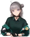  1girl alternate_costume bangs black_gloves breasts eyebrows_visible_through_hair fingerless_gloves girls&#039;_frontline gloves green_jacket green_shirt grey_hair hairband highres honey_badger_(girls&#039;_frontline) jacket jacket_pull light_purple_eyes long_hair looking_at_viewer open_clothes open_jacket open_mouth parted_lips rampart1028 shirt side_bun smile solo upper_body white_background 