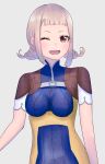  1girl absurdres blonde_hair bodysuit braid breasts brown_eyes final_fantasy final_fantasy_xii highres long_hair looking_at_viewer mukawarimo one_eye_closed open_mouth penelo simple_background smile solo twin_braids twintails 