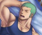  1boy arm_behind_head armpits bara blue_tank_top covered_navel cropped green_hair large_pectorals long_sideburns lying male_focus muscular muscular_male official_alternate_costume on_back one_piece pectoral_cleavage pectorals porkjinta roronoa_zoro short_hair sideburns sidepec sleeping solo tank_top upper_body 