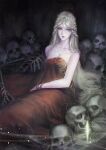  1girl bed_sheet blonde_hair blue_eyes breasts closed_mouth elden_ring fia_the_deathbed_companion highres jewelry long_hair looking_at_viewer necrophilia phamoz sitting skeleton skull solo 