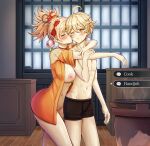  1boy 1girl abs absurdres ahoge blonde_hair blush breasts choker closed_eyes genshin_impact hair_ornament hetero highres hug hug_from_behind japanese_clothes kimono kiss kissing_cheek large_breasts naked_kimono nipples one_eye_closed orange_kimono ponytail saikunartworks standing topless topless_male yellow_eyes yoimiya_(genshin_impact) 