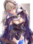  1girl absurdres armor black_gloves black_leotard blue_cape blush border breasts cape clear_glass_(mildmild1311) cleavage corrin_(fire_emblem) corrin_(fire_emblem)_(female) cowboy_shot detached_collar eyebrows_visible_through_hair fire_emblem fire_emblem_fates fire_emblem_heroes gloves grey_hair hairband highres holding holding_cape holding_clothes leotard light_rays long_hair medium_breasts official_alternate_costume open_mouth pointy_ears red_eyes shiny shiny_hair simple_background sleeveless solo thighs torn_cape torn_clothes white_border 